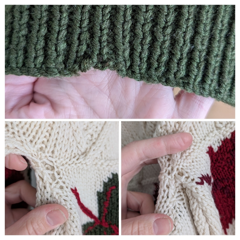 Handmade Knit Sweater, Cream w Red & Green Leaves, Crewneck Pullover Sweater - Picture 7 of 14